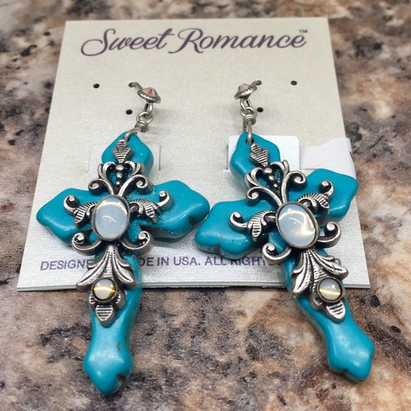 Sweet Romance Turquoise & Opal Cross Earrings Silver Metal - Picture 2 of 2